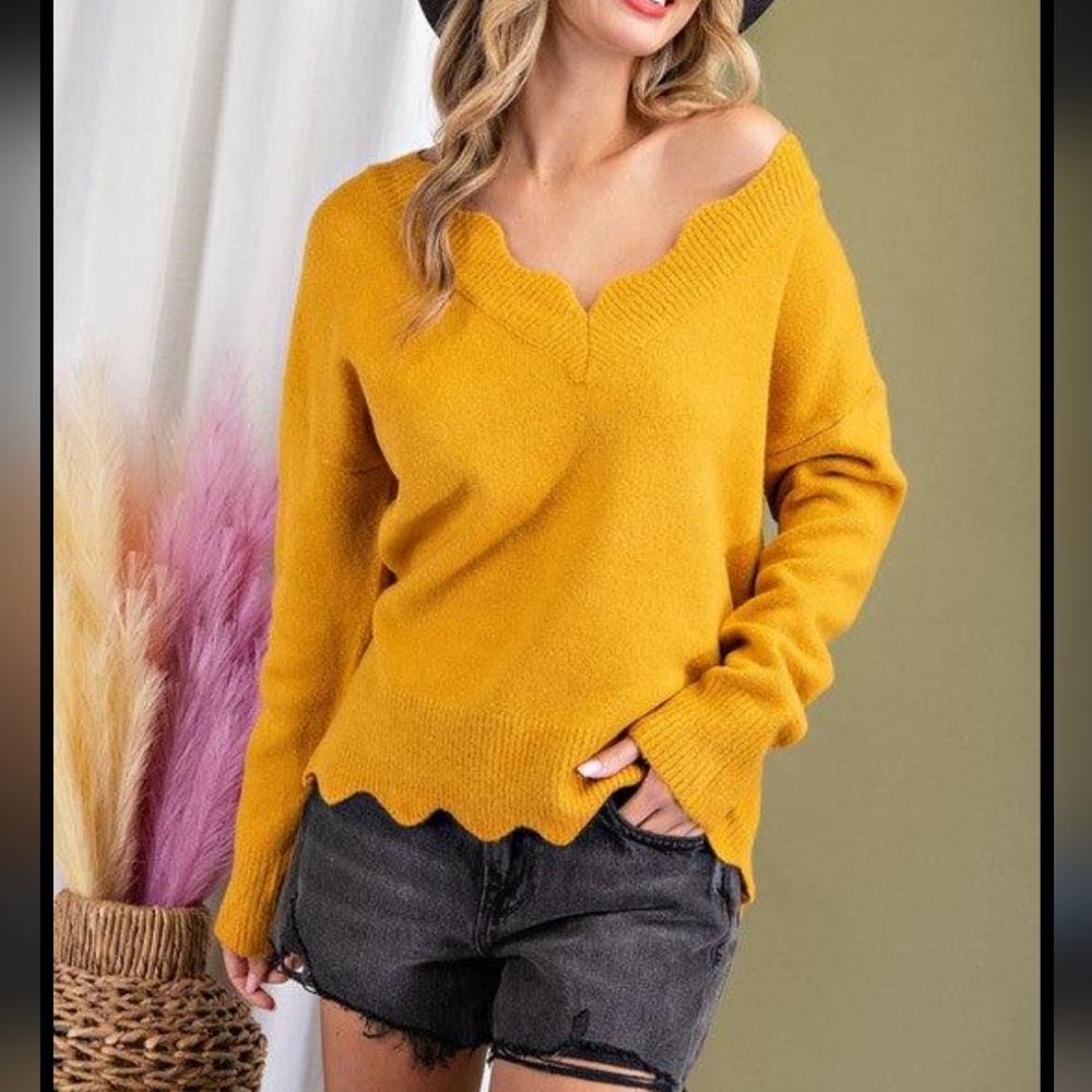 Women's Mustard Scalloped Sweater